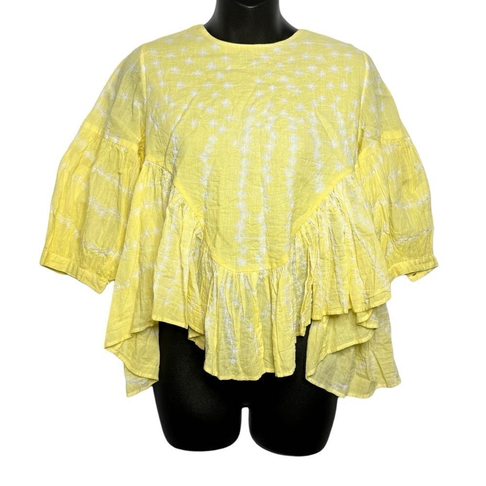 Antik Batik yellow floral textured balloon sleeve ruffle peplum top size XS new